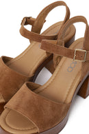 Woman Tan Buckled Platform Block-Heel Suede Leather Sandals | Derimod