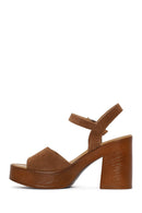 Woman Tan Buckled Platform Block-Heel Suede Leather Sandals | Derimod