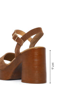 Woman Tan Buckled Platform Block-Heel Suede Leather Sandals | Derimod
