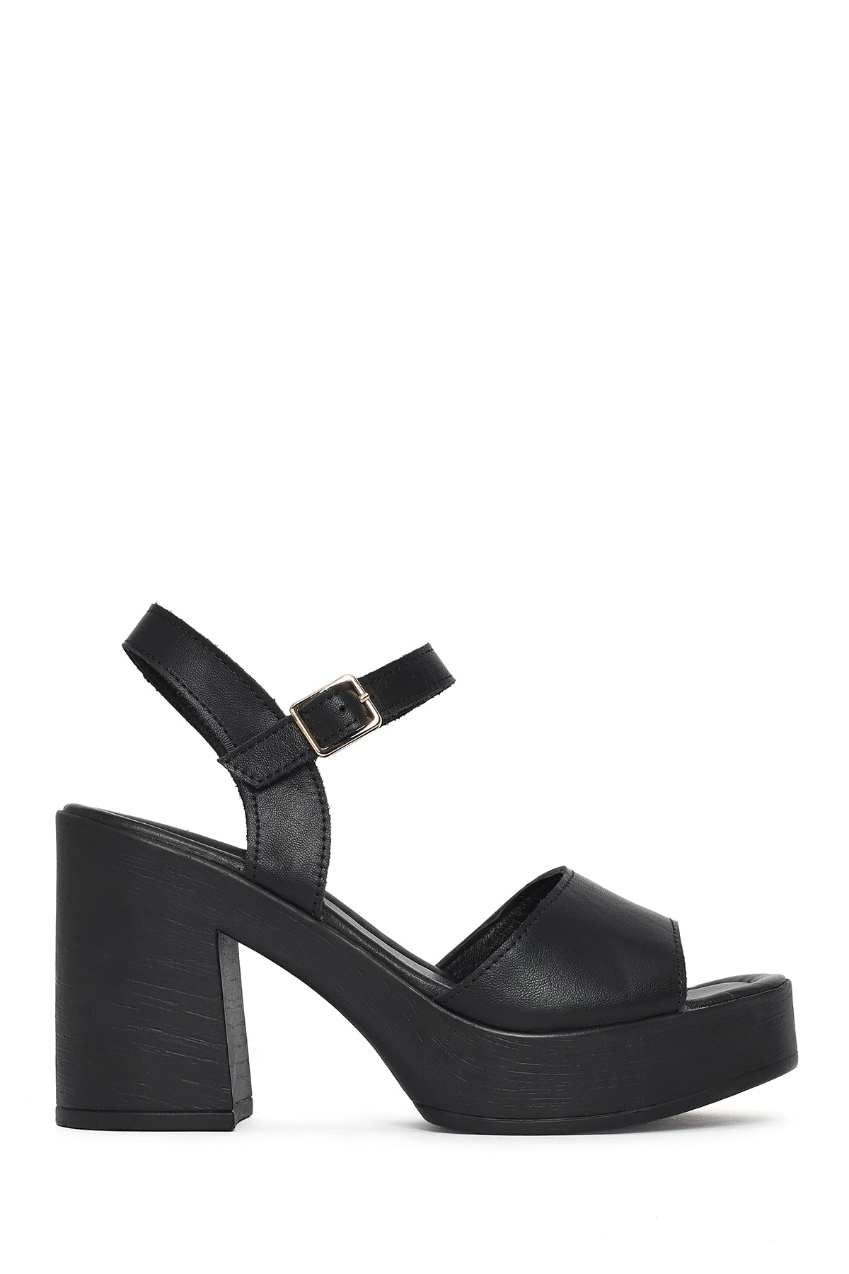 Woman Black Buckled Platform Block-Heel Leather Sandals 26SFD181718 | Derimod
