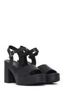 Woman Black Buckled Platform Block-Heel Leather Sandals | Derimod