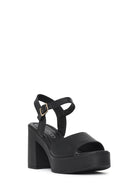 Woman Black Buckled Platform Block-Heel Leather Sandals | Derimod