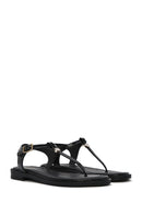 Women's Black Ankle Buckle Flip-Flop Leather Sandals | Derimod