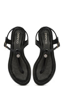 Women's Black Ankle Buckle Flip-Flop Leather Sandals | Derimod