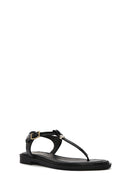 Women's Black Ankle Buckle Flip-Flop Leather Sandals | Derimod