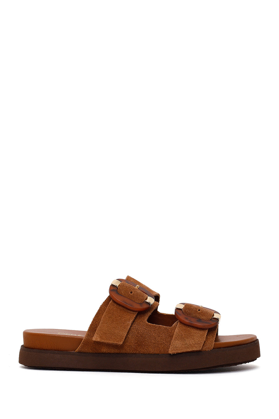 Women's Tan Double Buckle Suede Leather Slippers 26SFD203110 | Derimod