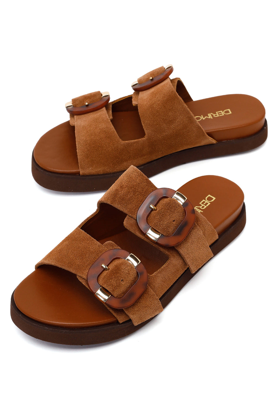 Women's Tan Double Buckle Suede Leather Slippers