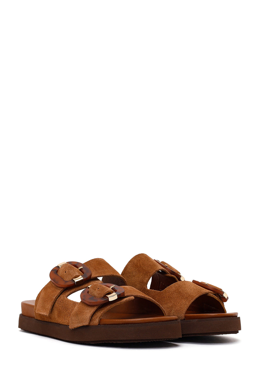 Women's Tan Double Buckle Suede Leather Slippers