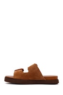 Women's Tan Double Buckle Suede Leather Slippers | Derimod