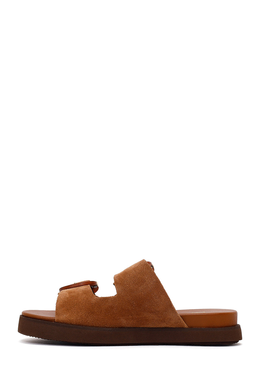 Women's Tan Double Buckle Suede Leather Slippers