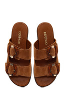 Women's Tan Double Buckle Suede Leather Slippers | Derimod