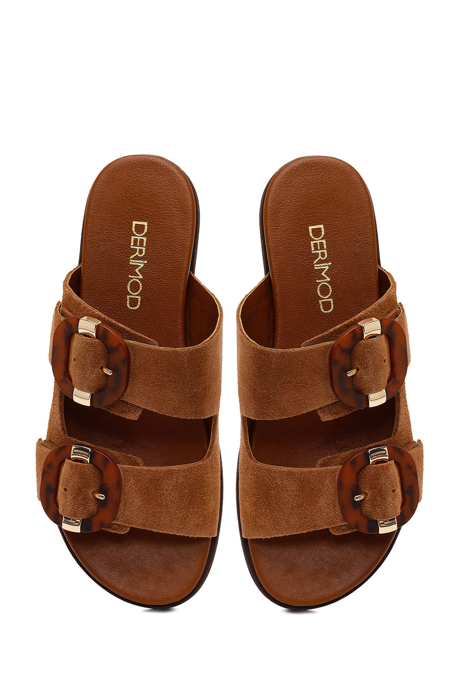 Women's Tan Double Buckle Suede Leather Slippers