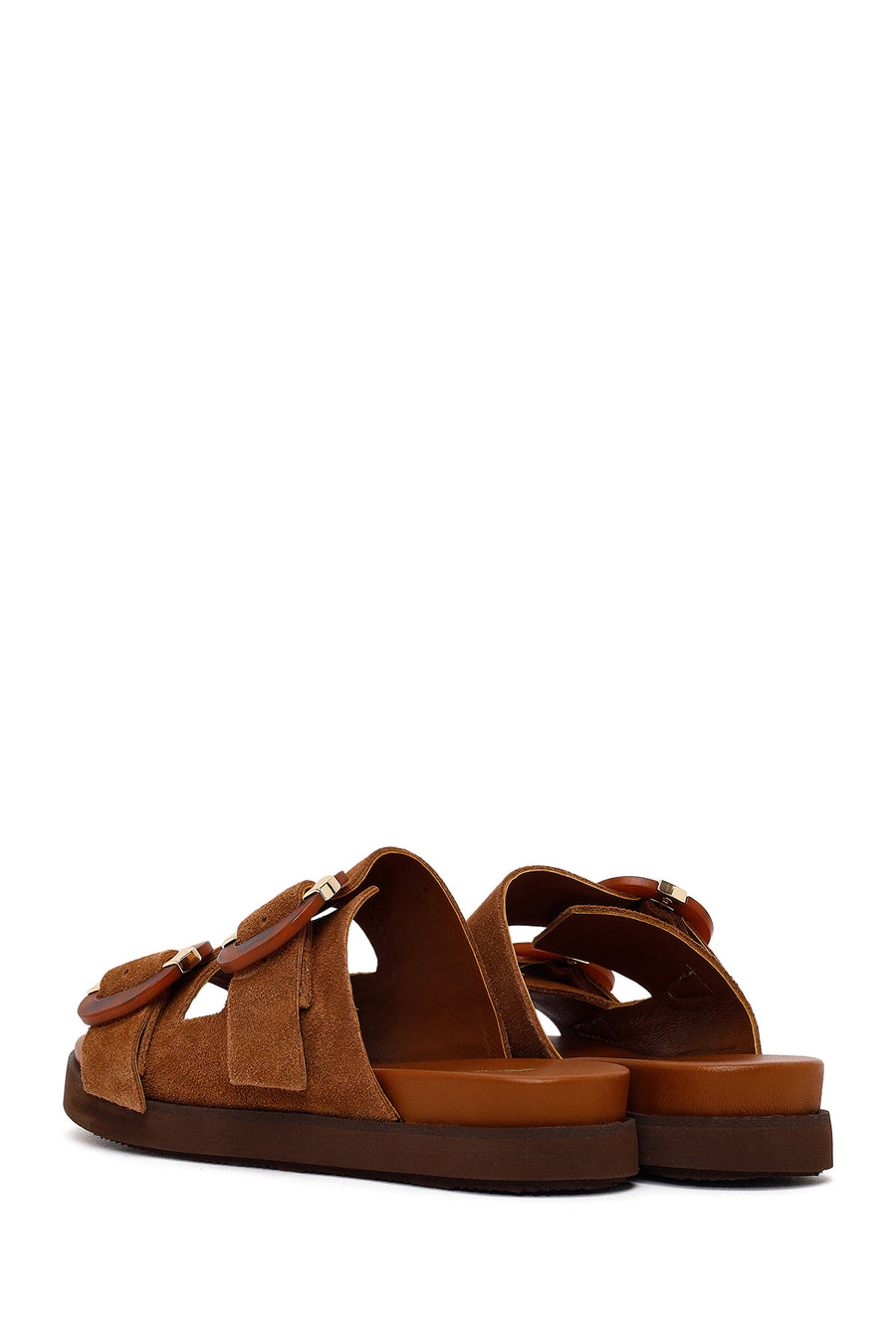 Women's Tan Double Buckle Suede Leather Slippers