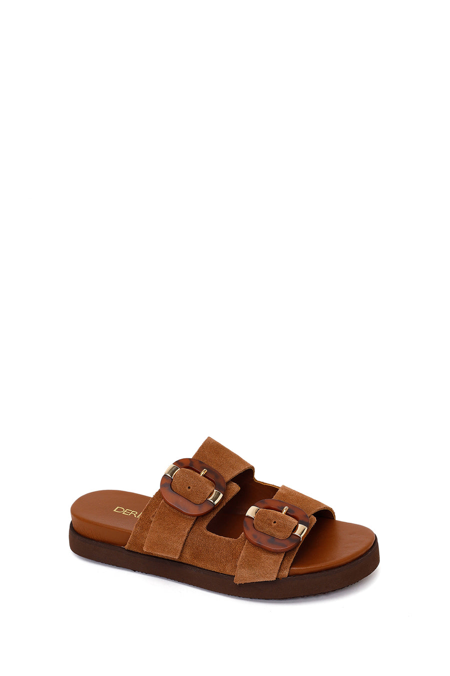 Women's Tan Double Buckle Suede Leather Slippers