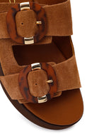 Women's Tan Double Buckle Suede Leather Slippers | Derimod