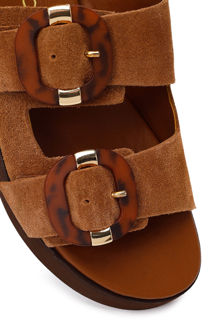 Women's Tan Double Buckle Suede Leather Slippers