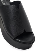 Women's Black Thick Soled Leather Slippers | Derimod