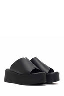 Women's Black Thick Soled Leather Slippers | Derimod