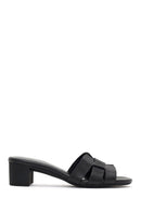 Women's Black Short Chunky Heel Leather Slippers | Derimod