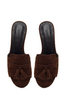 Kadın Kahverengi Püsküllü Kısa Kalın Topuklu Süet Deri Terlik | Derimod