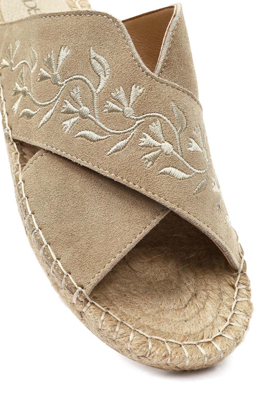 Women's Beige Patterned Suede Leather Espadrille Slippers