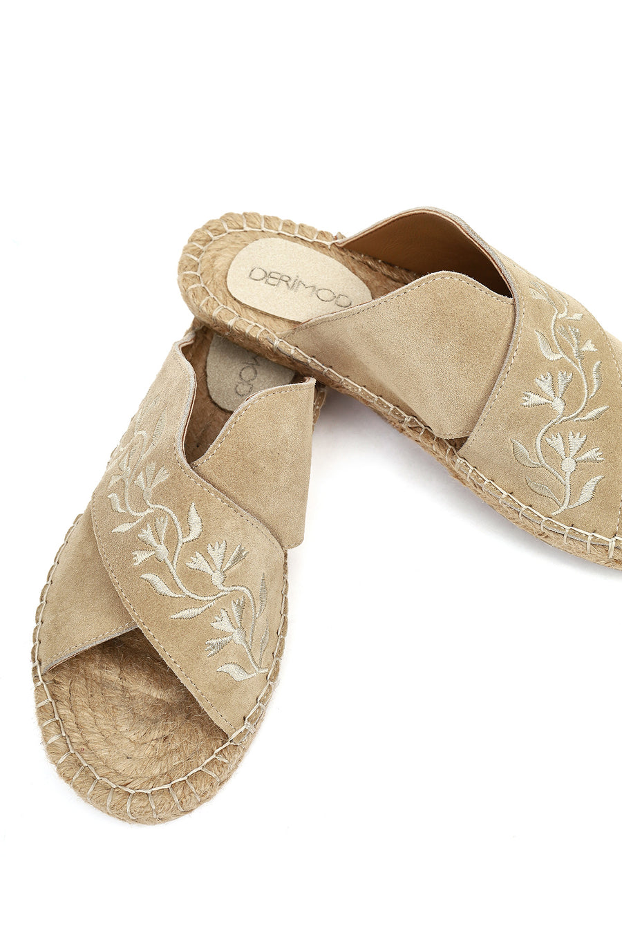 Women's Beige Patterned Suede Leather Espadrille Slippers