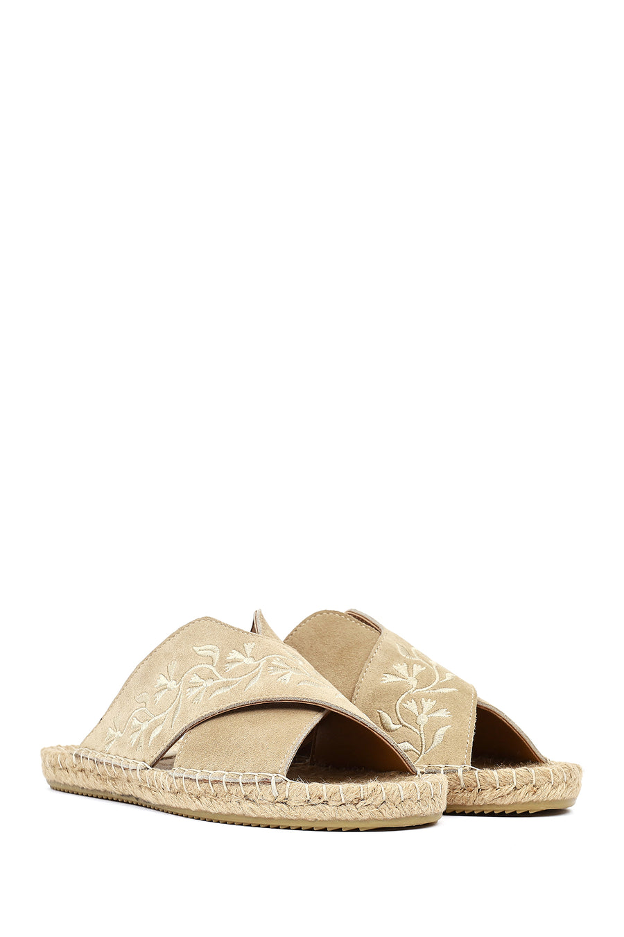 Women's Beige Patterned Suede Leather Espadrille Slippers