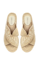Women's Beige Patterned Suede Leather Espadrille Slippers | Derimod
