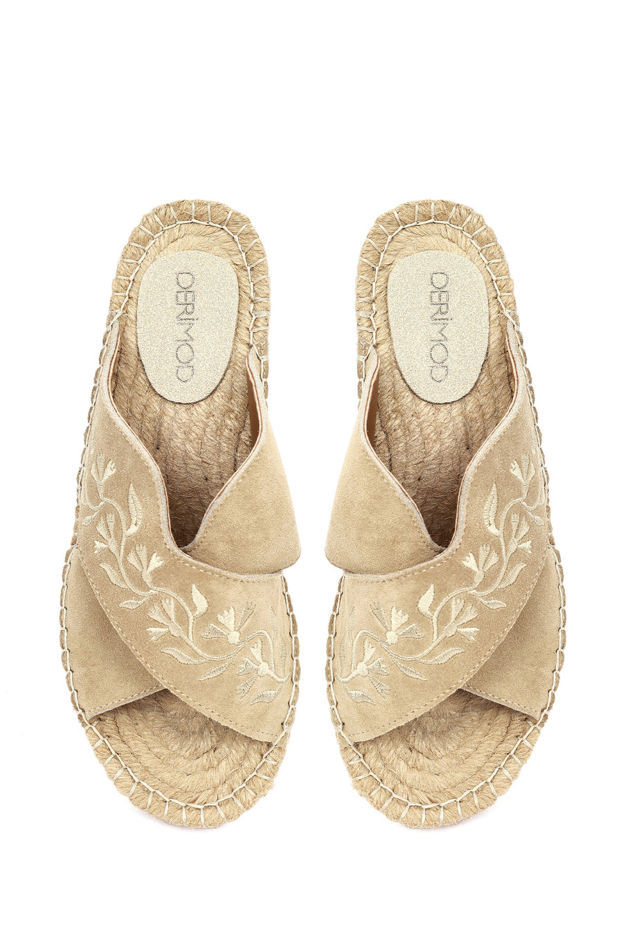 Women's Beige Patterned Suede Leather Espadrille Slippers