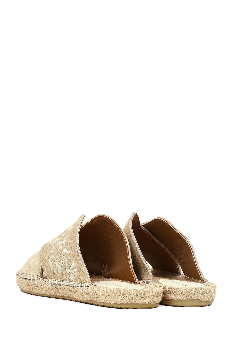 Women's Beige Patterned Suede Leather Espadrille Slippers