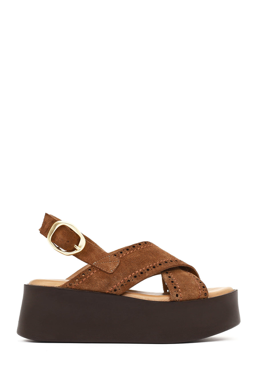 Women's Tan Suede Leather Sandals with Buckle Back and Thick Sole 26SFD207510 | Derimod