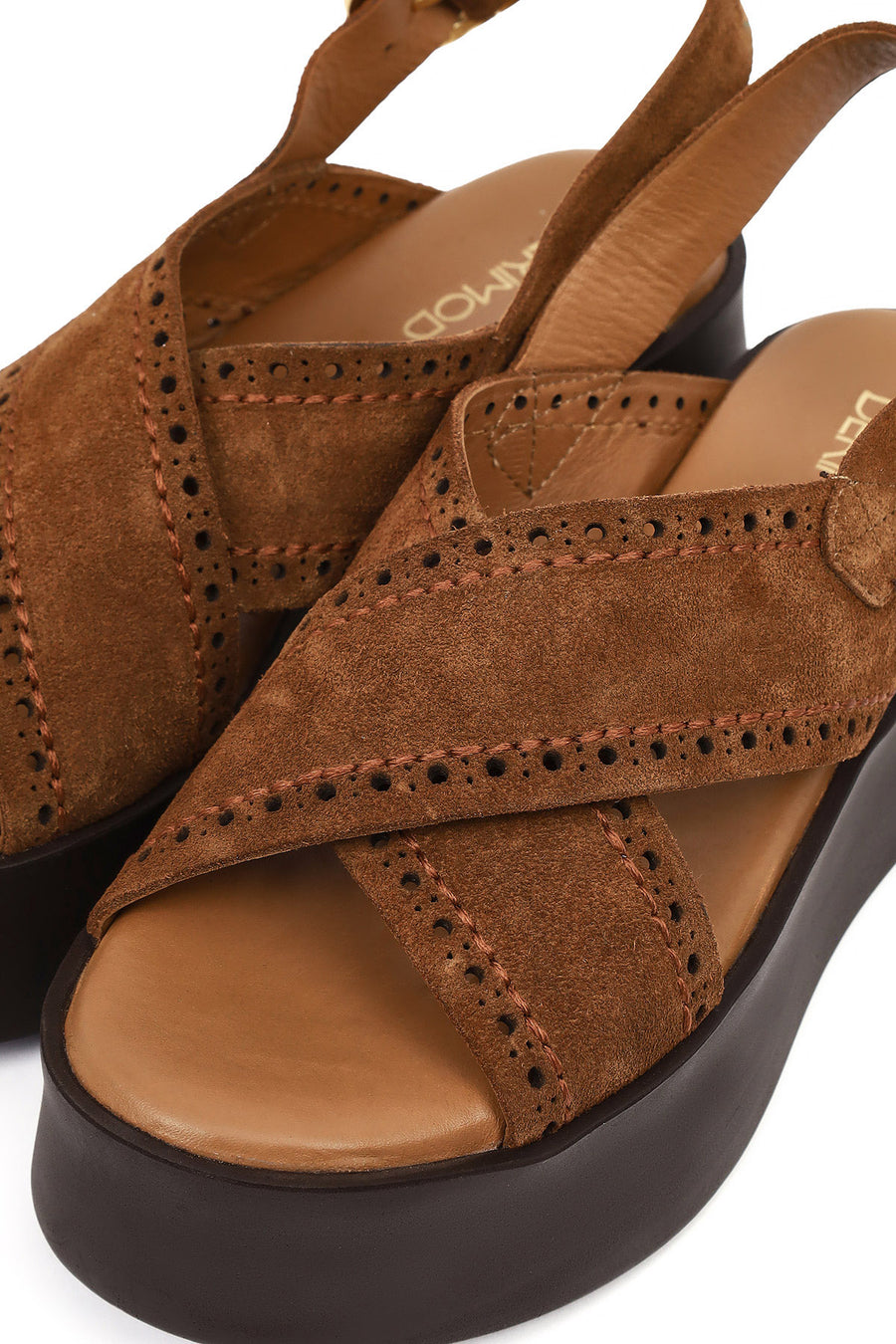 Women's Tan Suede Leather Sandals with Buckle Back and Thick Sole
