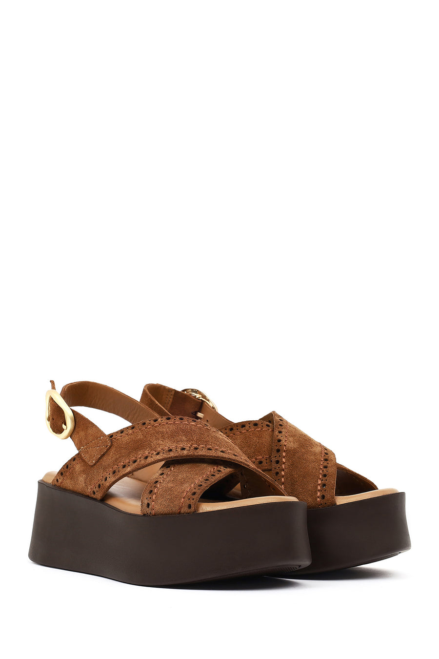 Women's Tan Suede Leather Sandals with Buckle Back and Thick Sole