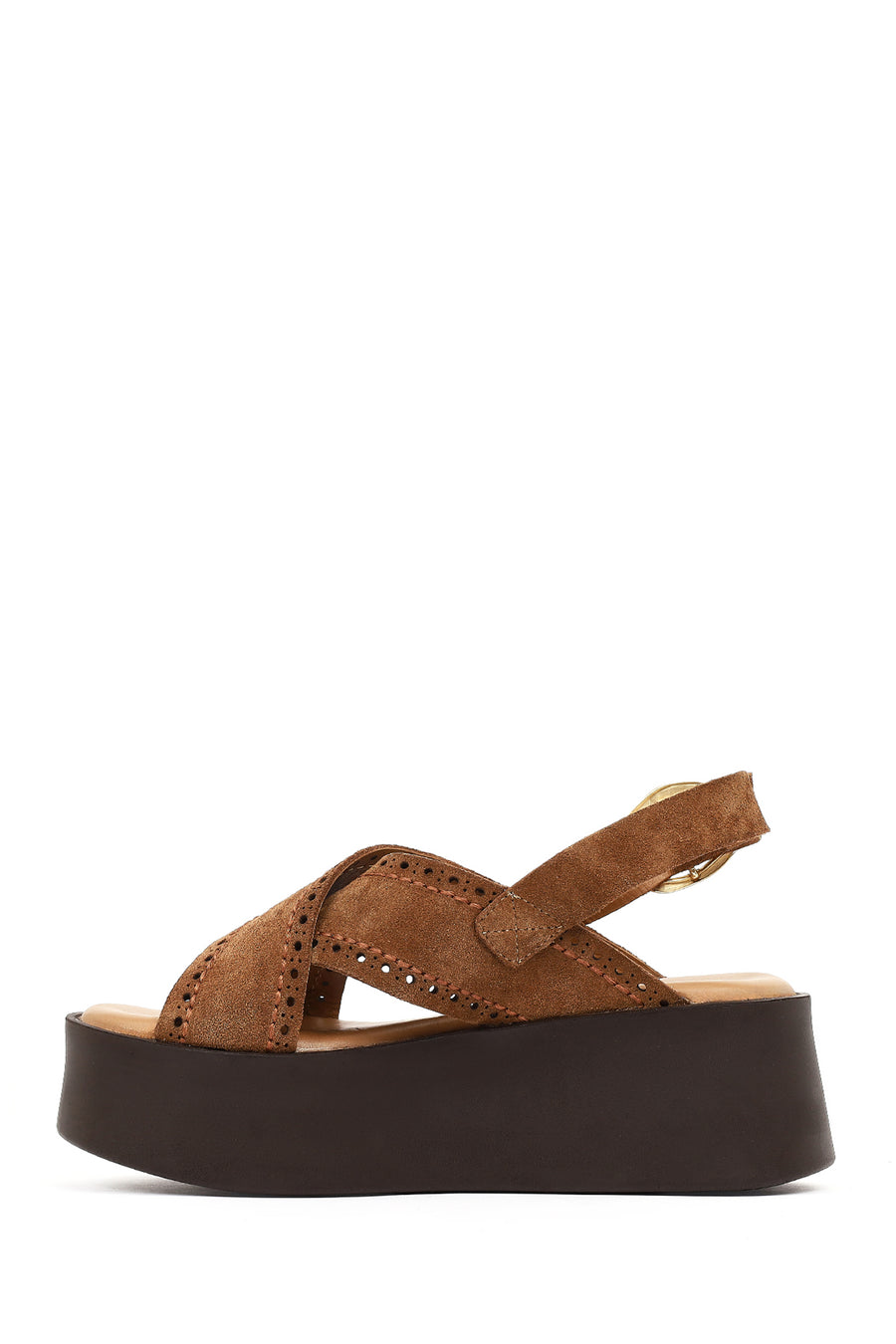 Women's Tan Suede Leather Sandals with Buckle Back and Thick Sole