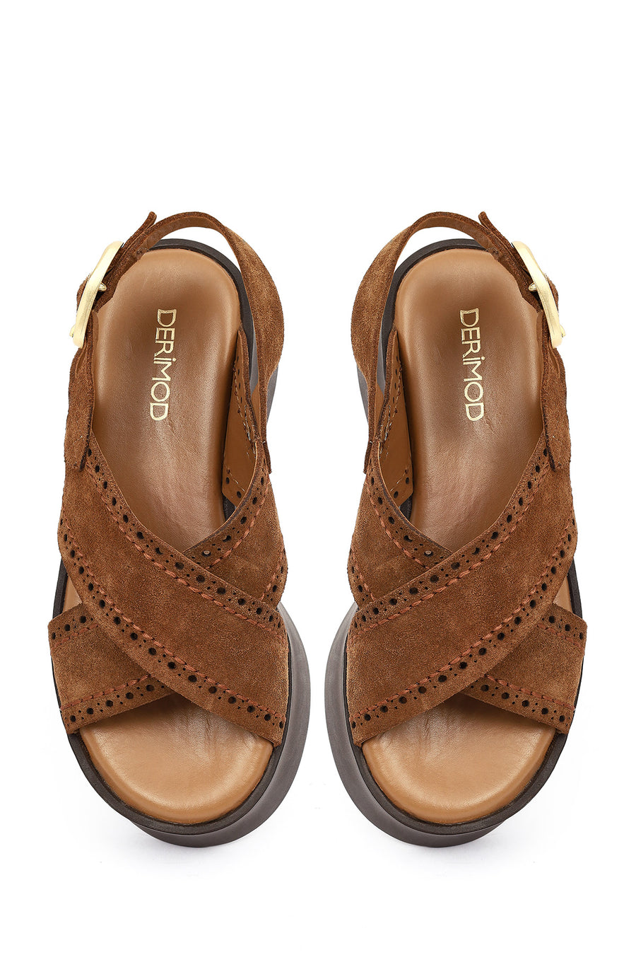 Women's Tan Suede Leather Sandals with Buckle Back and Thick Sole