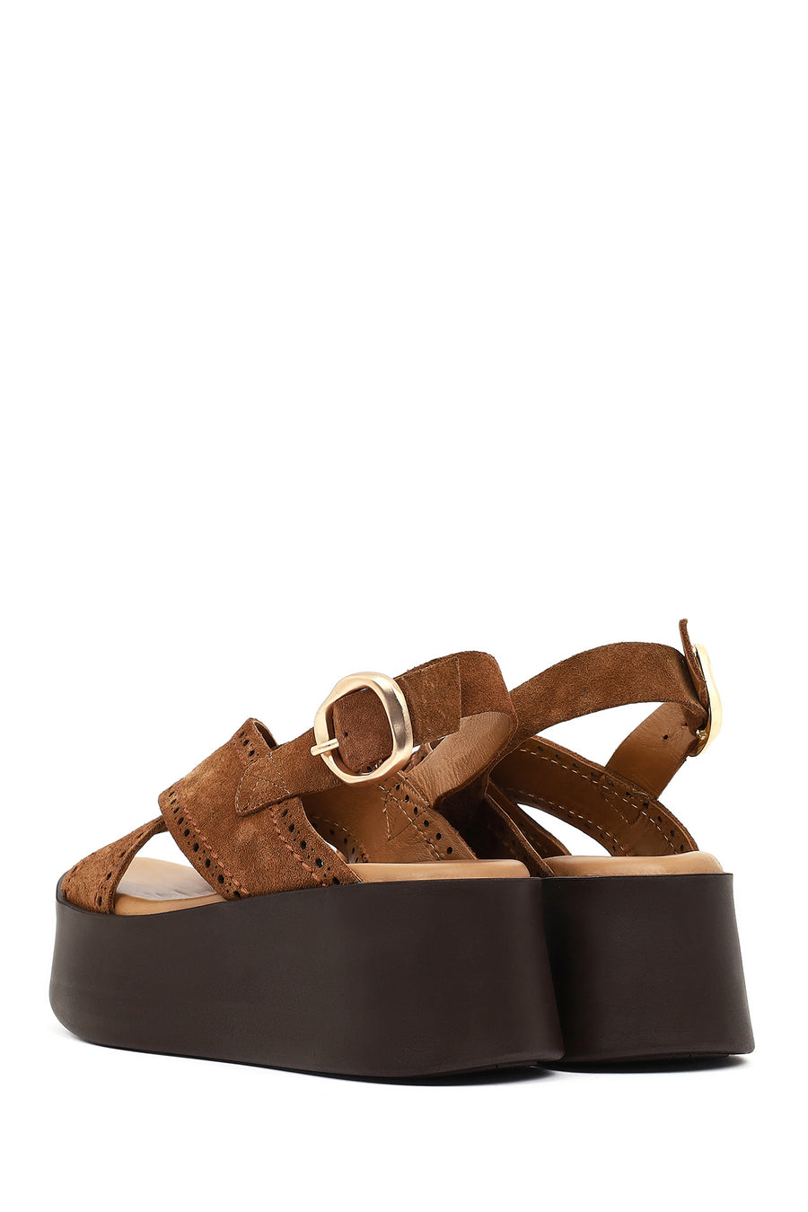 Women's Tan Suede Leather Sandals with Buckle Back and Thick Sole
