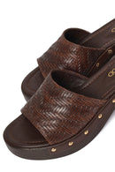 Women's Brown Patterned Short Chunky Heel Leather Slippers | Derimod