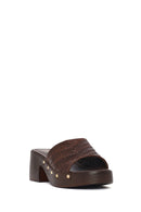 Kadın Kahverengi Desenli Kısa Kalın Topuklu Deri Terlik | Derimod