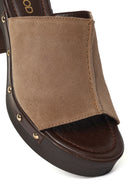 Kadın Bej Kalın Topuklu Süet Deri Terlik | Derimod