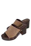 Kadın Bej Kalın Topuklu Süet Deri Terlik | Derimod