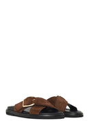 Woman Brown Suede Leather Slippers | Derimod