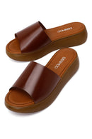 Women's Brown Thick Soled Leather Slippers | Derimod