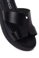 Woman Black Thick-Soled Leather Slipper | Derimod