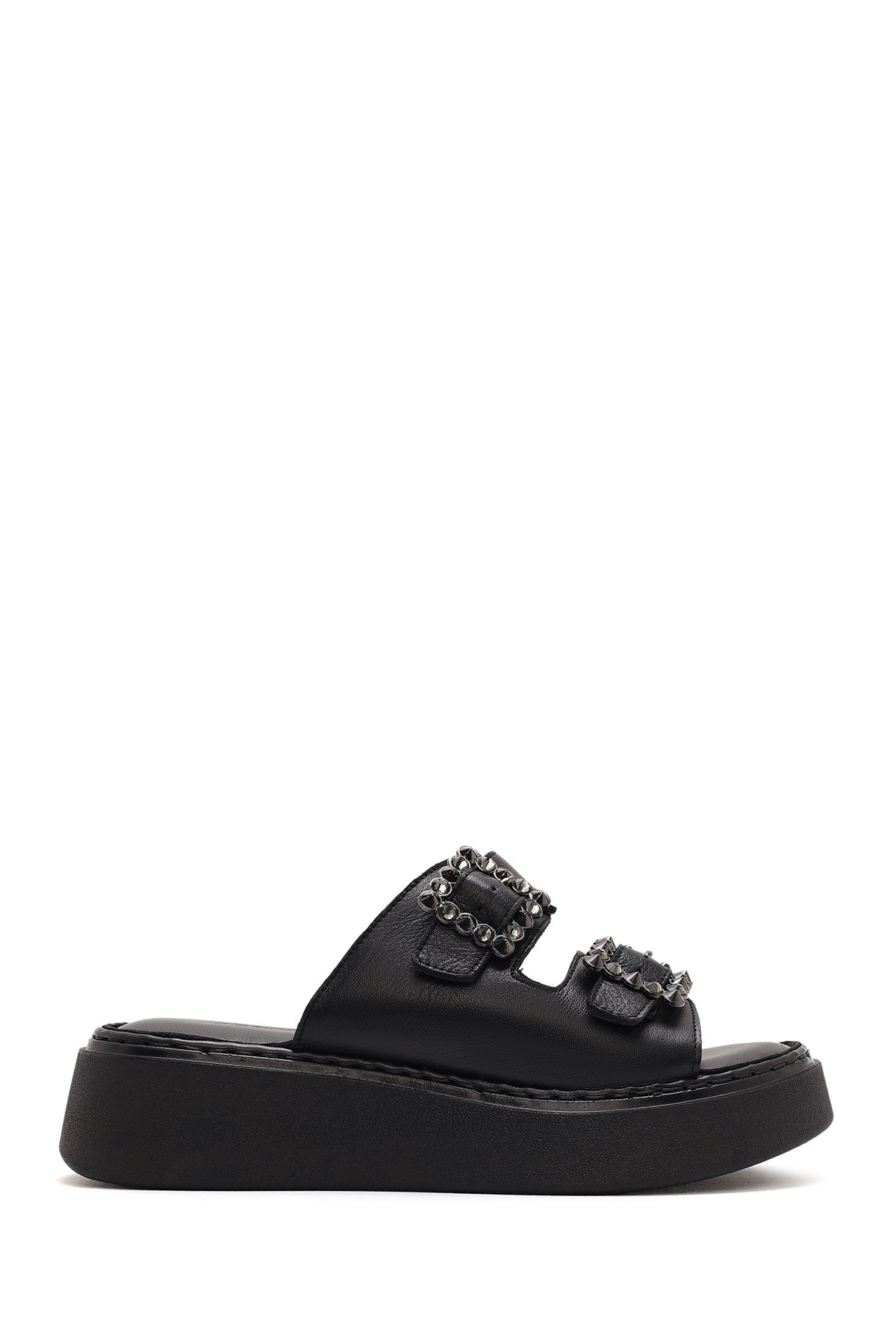 Kadın Siyah Çift Tokalı Kalın Tabanlı Deri Konfor Terlik 26SFD341018 | Derimod