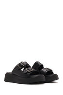 Kadın Siyah Çift Tokalı Kalın Tabanlı Deri Konfor Terlik | Derimod