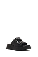 Kadın Siyah Çift Tokalı Kalın Tabanlı Deri Konfor Terlik | Derimod