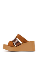 Woman Tan Wedge-Heel Suede Leather Comfort Slippers | Derimod