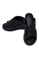 Woman Black Wedge Leather Comfort Slippers | Derimod