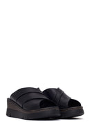 Woman Black Wedge Leather Comfort Slippers | Derimod