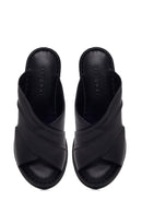 Woman Black Wedge Leather Comfort Slippers | Derimod